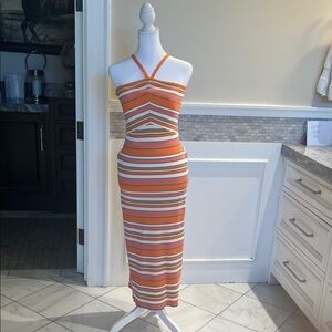 MINKPINK Orange Striped Cutout Knit Midi Dress
